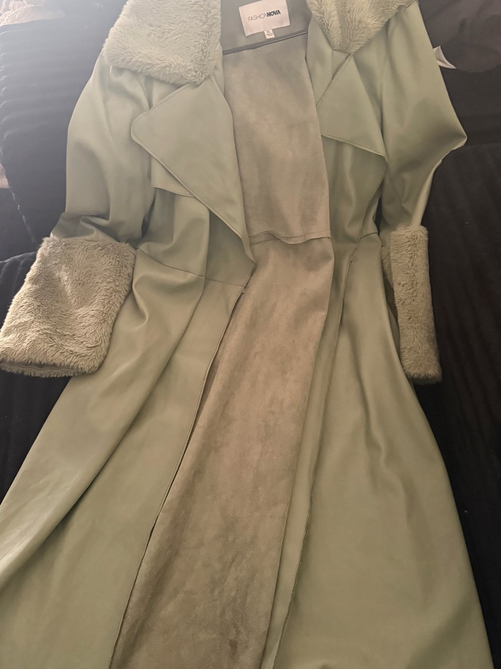 Fashion Nova Olive Green Faux Shearling Trench Coat
